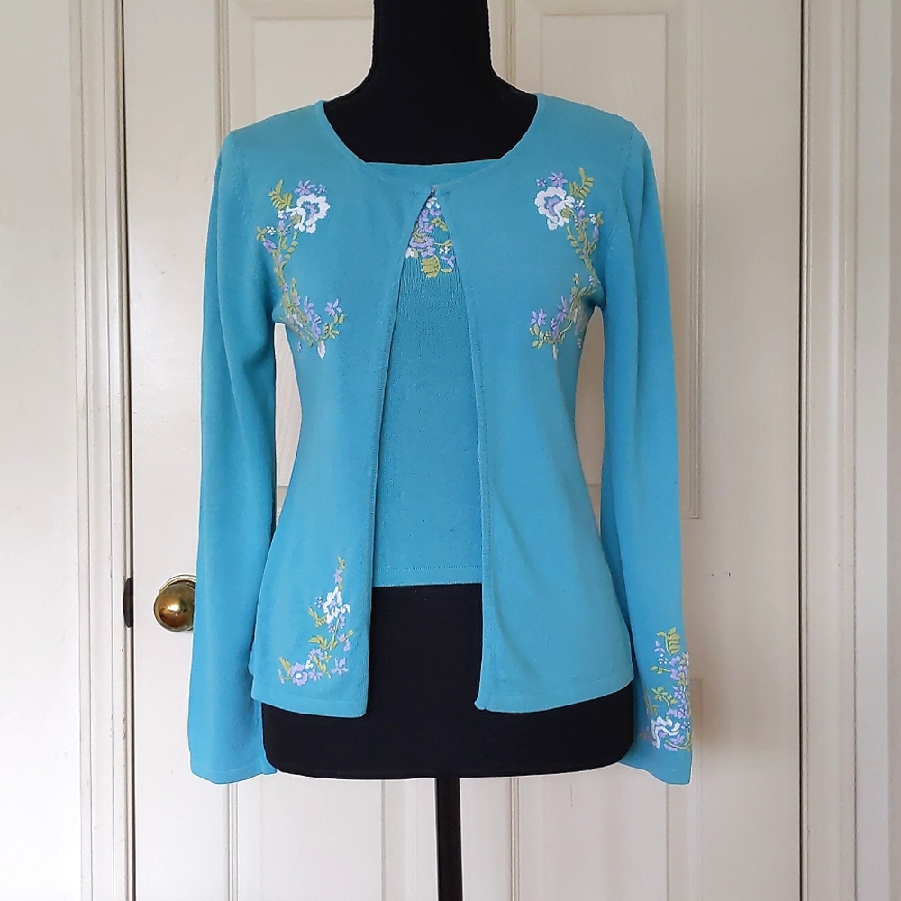 Cotton and Rayon Multi Color Flowers Embroidered Knit Cardigan and Cami Set.